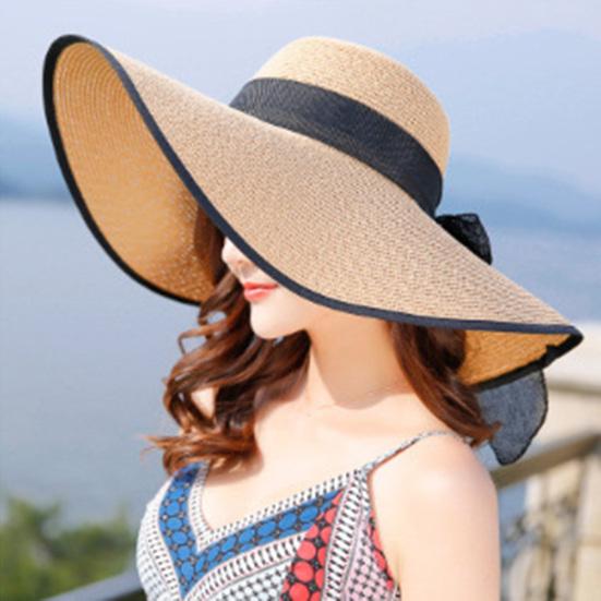 Women Straw Hat Wide Brim Breathable Lightweight Sun Protection Hat with Lace-up Bowknot Decor Sun Hat