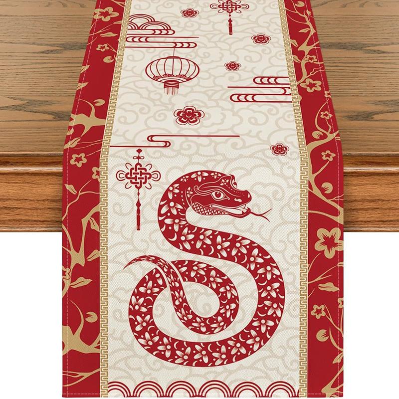 2025 Snake Year Table Runner Floral Snake Pattern Festival Party Decor Tablecloth Chinese Traditional New Year Table Covers