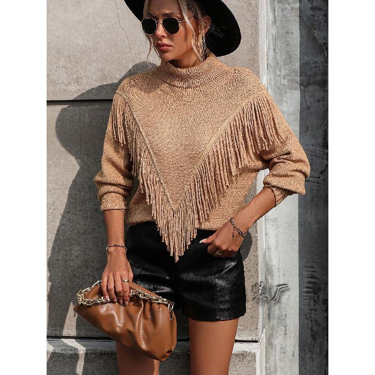 2024 Осень и зима Новый европейский и американский женский свободный однотонный вязаный свитер с кисточками и высоким воротом