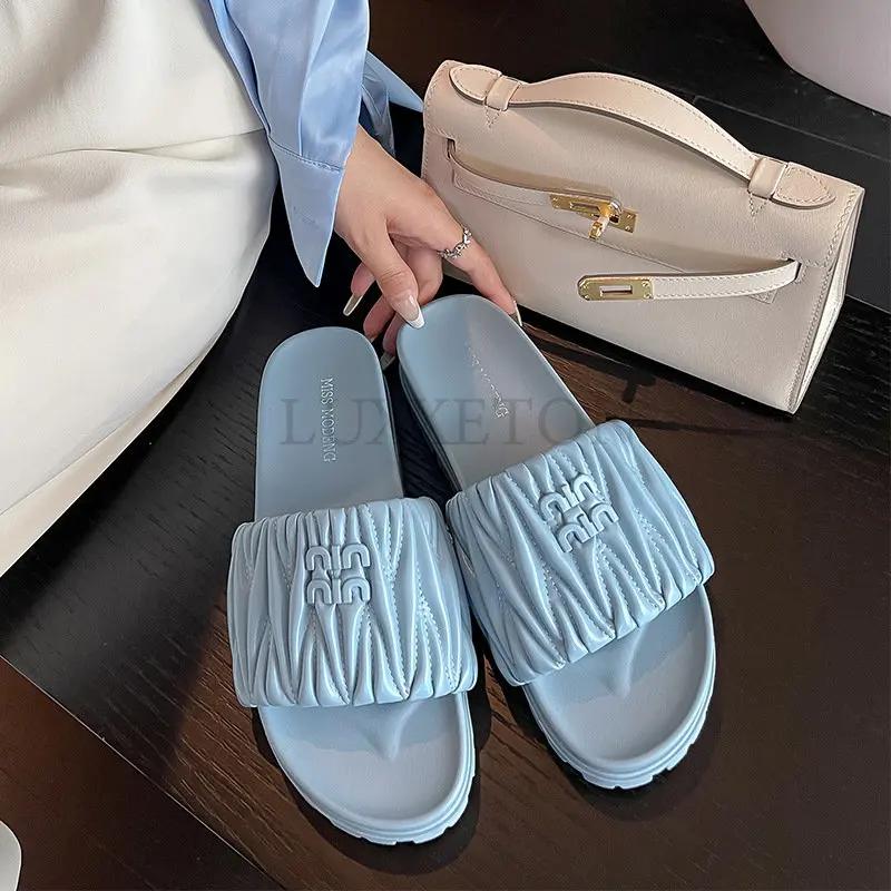 Летние новые женские плоские тапочки с плиссированным верхом, трехмерные, прочные, открытые тапочки, простые, с круглым носком, женские сандалии