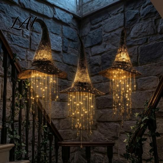 Indoor Halloween Decorations Lighted Witch Hat Hanging Decor LED Glowing Wizard with Twinkling Star Tassel Garland Outdoor Porch Ceiling Spooky