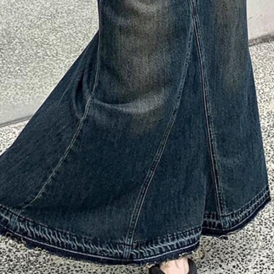 Women Skirt A-line Big Swing Denim Retro Pockets Patchwork Solid Color High Waist Button Zipper Closure Ankle Length Ripped Edge Lady Maxi Skirt
