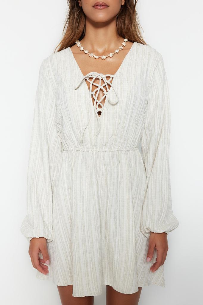 Women's Fashion New Dress Black Mini Woven Tie-Up Linen Blend Beach Dress