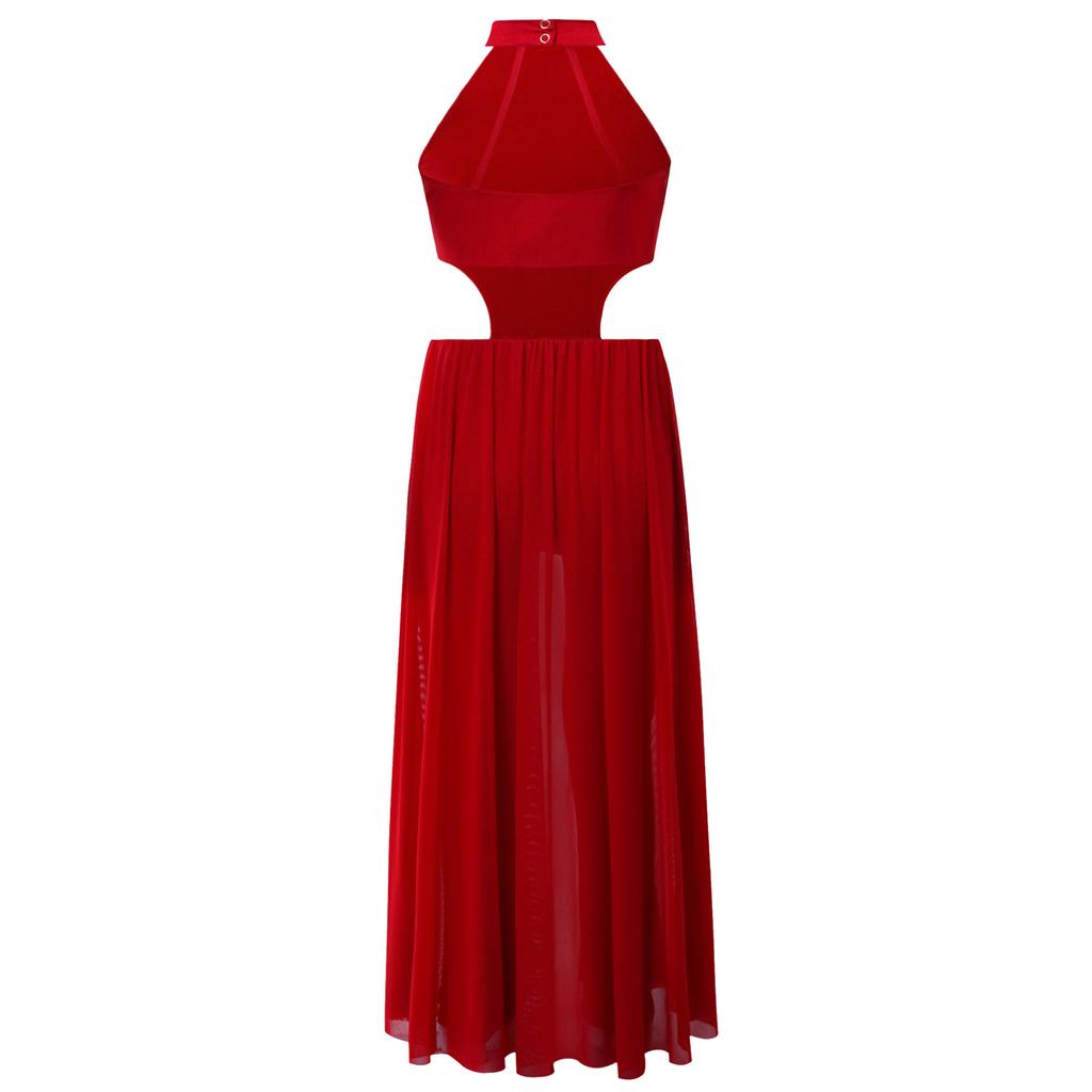 Блестящая одежда для танцев с пайетками для девочек: Полный костюм для выступлений с лямкой на шее, без рукавов, с открытой спиной и юбкой