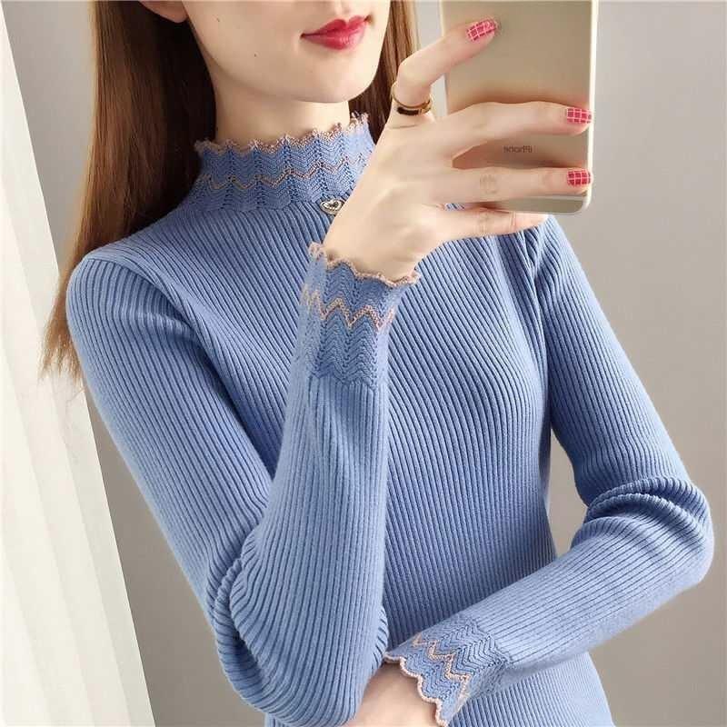 Half High Neck Knitted Sweater with Base Women's Autumn and Winter Long Sleeved Top Lace Lace White Sweater