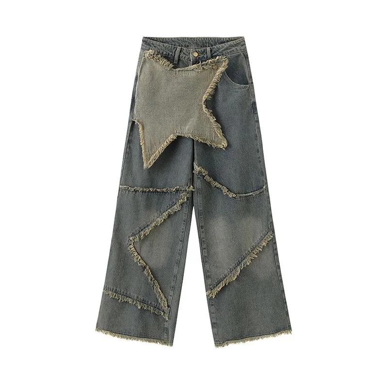 Y2k винтажные женские джинсы Harajuku Star Patchwork широкие корейские джинсовые брюки стираные мешковатые брюки уличная одежда