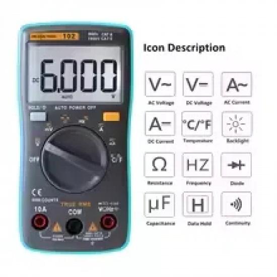 ZOYI 102 Multimeter 6000 Count Backlight AC/DC Ammeter Voltmeter Ohm Frequency Diode Temperature RM101