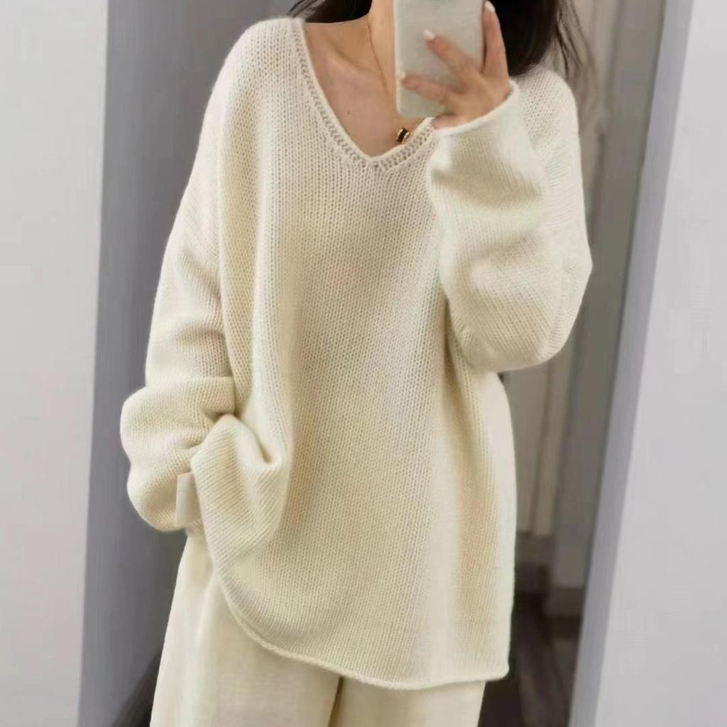 Women's V-Neck Loose Fit Mid-Length Knit Wool Sweater - Autumn/Winter, Plus Size, Korean Style