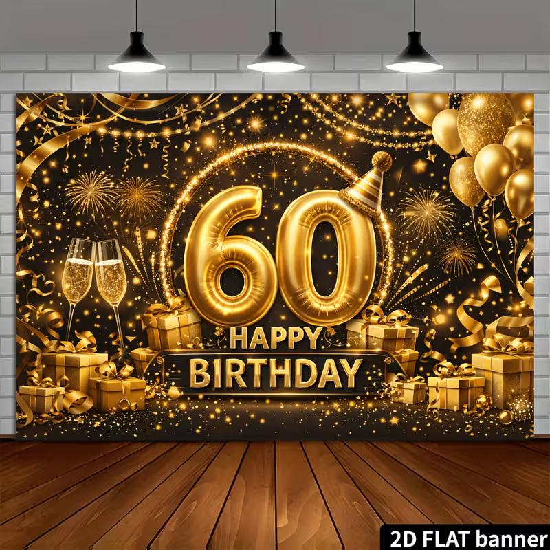 Двумерный фон для 60-летия Черно-золотые воздушные шары и подарочная коробка Фотофон