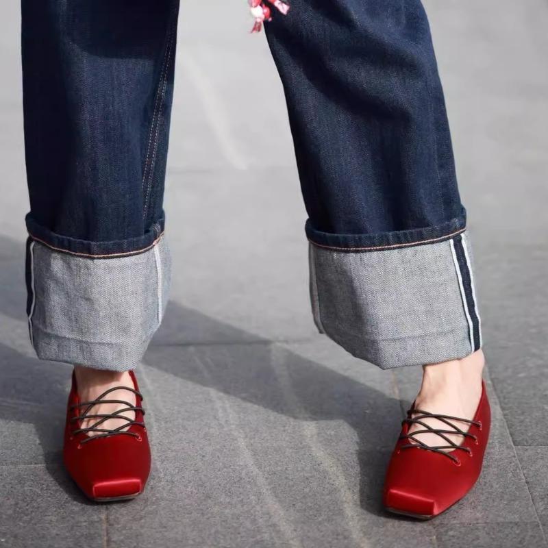 Fashion Spring and Summer New Retro Satin Square Toe Lace-up Ballet Shoes Women's Light Mouth Casual Outside Wear Flat Heels