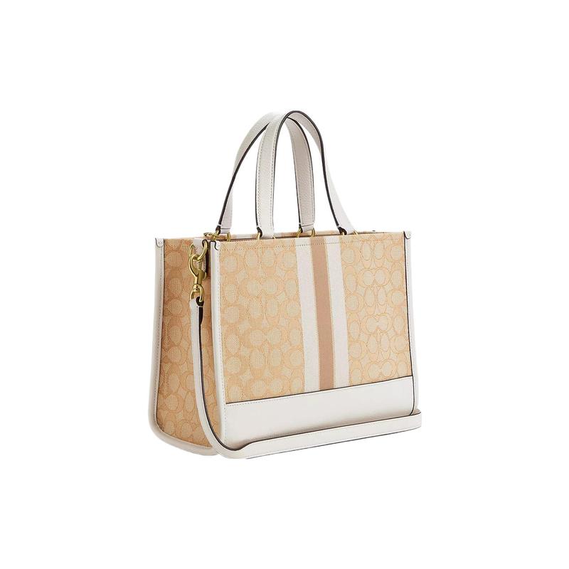 COACH Dempsey 30 Embossed Logo Stripe Classic Presbyopic Snaps Pebble Jacquard and Leather Shoulder Handbag Large Women's Gold and Light Khaki Chalk