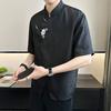 Летние футболки с коротким рукавом Стильная цветочная вышивка Мужская одежда На все случаи жизни Китайский стиль Воротник-стойка Винтажные рубашки на пуговицах