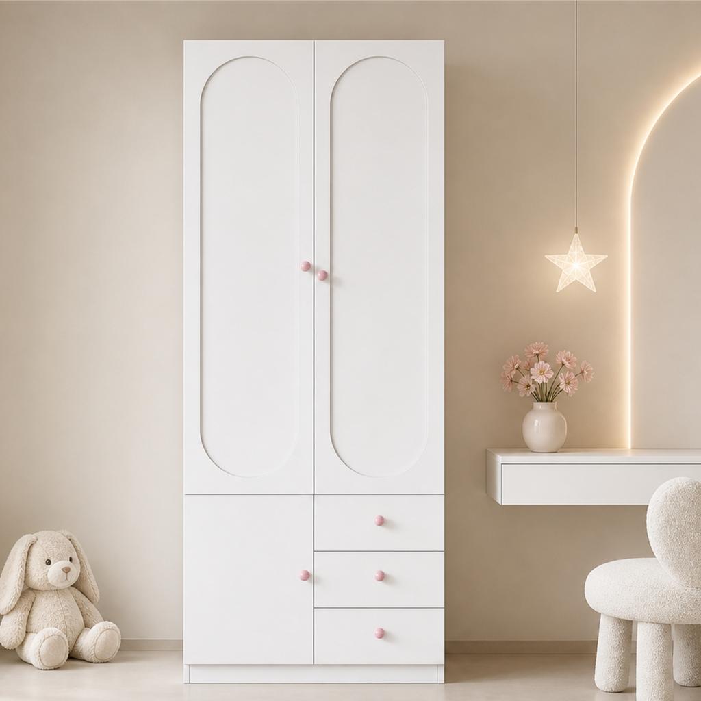 2-Door wardrobe with drawers, bedroom cabinet, children's room furniture, with clothes rail, pink ceramic handles, white, lacquer finish, 80×50×200 cm