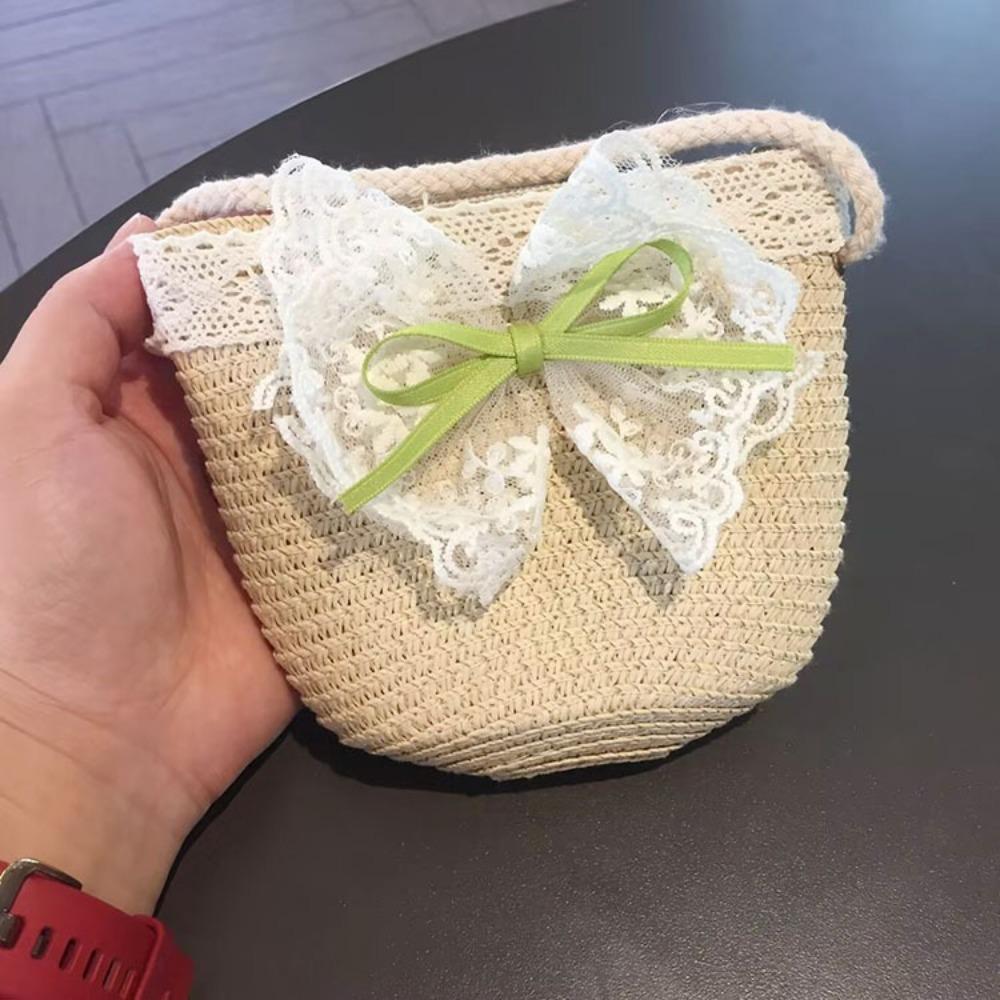 Straw Children Straw Hat Lace Beach Bucket Cap New Straw Shoulder Bag Baby Girls