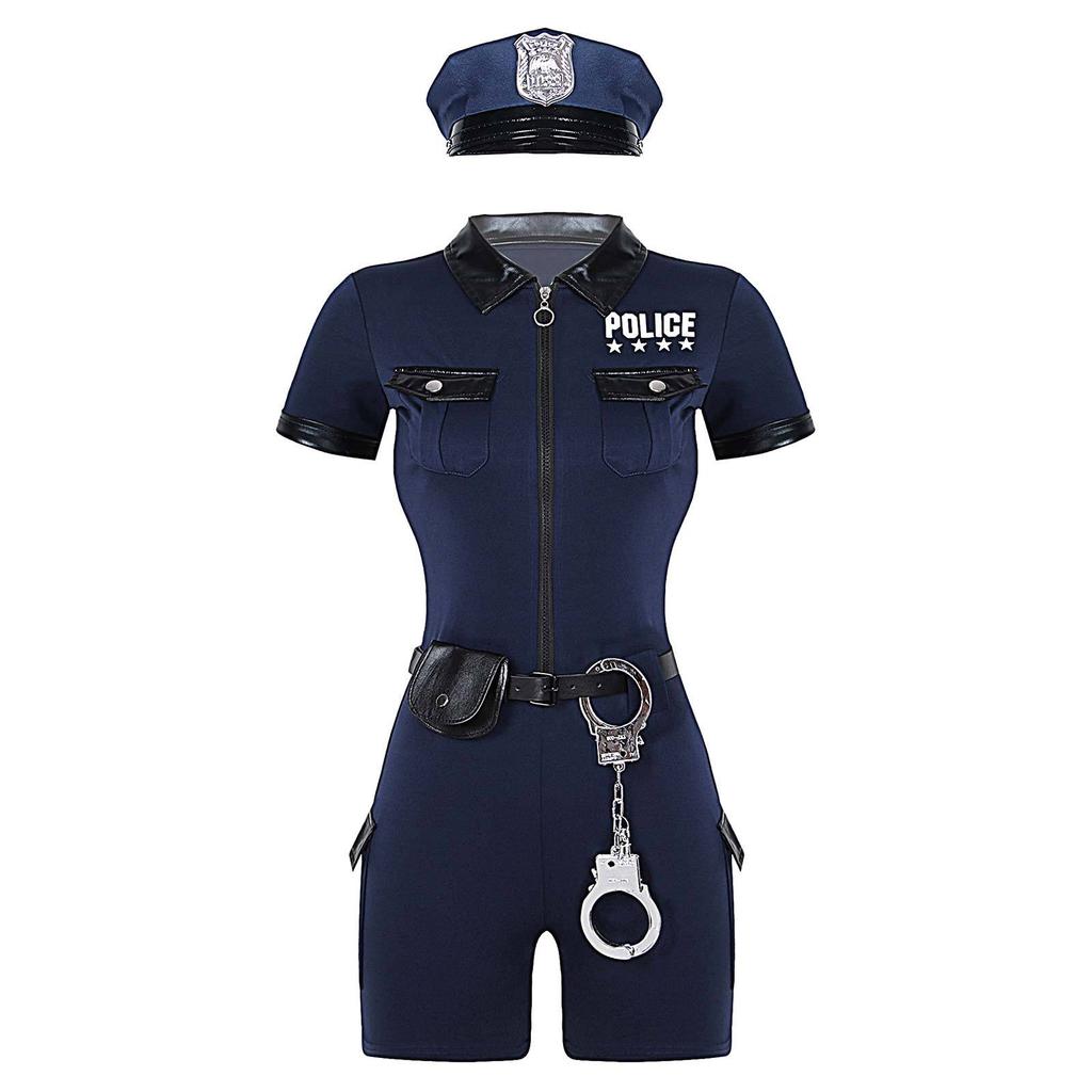 Womens Cop Outfits Policewoman Role Play Costume Zipper Short Sleeve Jumpsuit with Belt Purse Hat