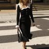 Women's Lapel Collar Sweater Dresses High Neck Long Sleeve Cable Knit Ruffled Hem Bodycon Midi Dress