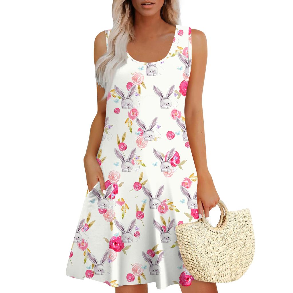 Womens Summer Dresses Easter Print  Loose U Neck Sleeveless Sundresses Dress With Pockets
