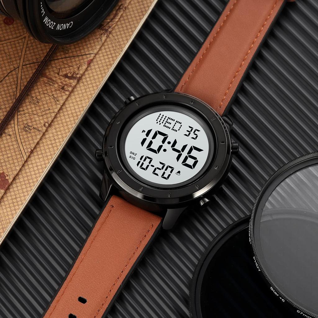 Datirzyx Прописной дисплей Цифровой бизнес Легко водонепроницаемый Цифровая работа Мягкий кожаный будильник Японское руководство по эксплуатации в комплекте Часы, мужские