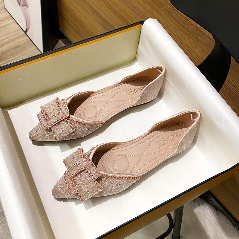 Туфли на плоской подошве больших размеров для женщин Весенние туфли с острым носком Красивые мокасины с бантом для девочек Туфли-лодочки со стразами Летние сандалии
