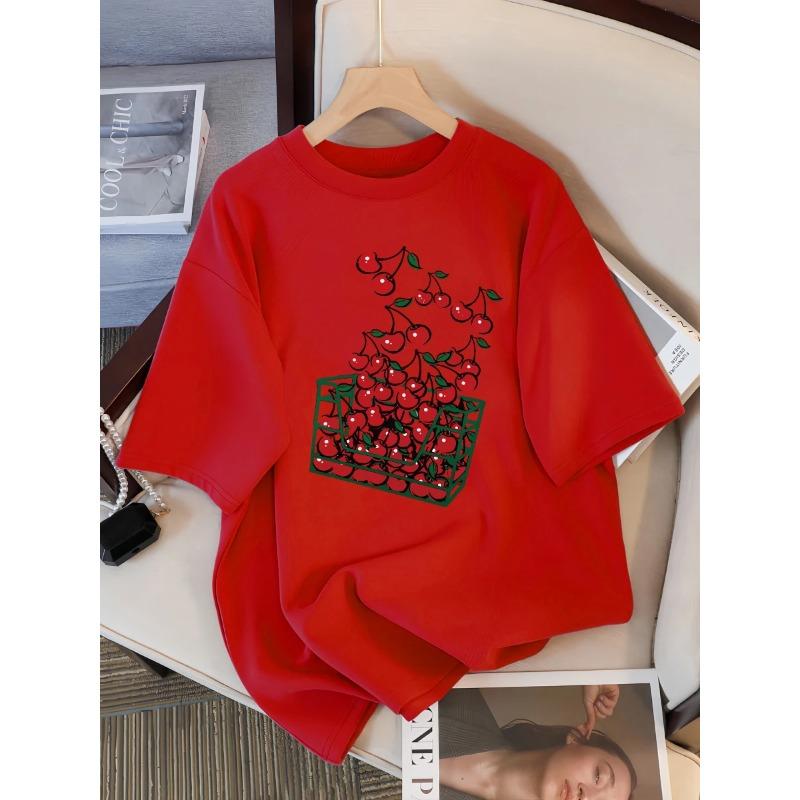 Футболка женская с принтом «Корзина вишен», дышащая, повседневная, летняя, с коротким рукавом, мягкая, свободного кроя, уличная одежда, женская футболка