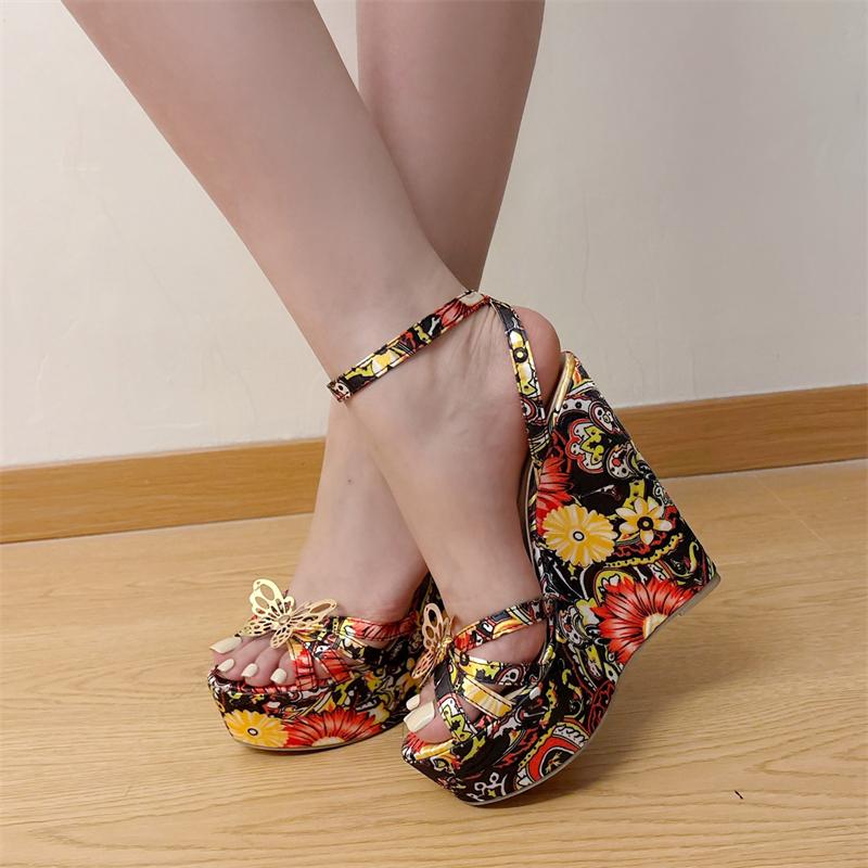 Aneikeh Летние женские босоножки с открытым носком и пряжкой на ремешке, дизайнерские босоножки на танкетке с цветочным принтом, на платформе и высоком каблуке, для банкетов и вечеринок