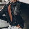 Women Top Round Neck Hollow Out Back Backless Shiny Sequin Long Sleeve Soft Pullover Party Club Performance Lady T-shirt Blouse