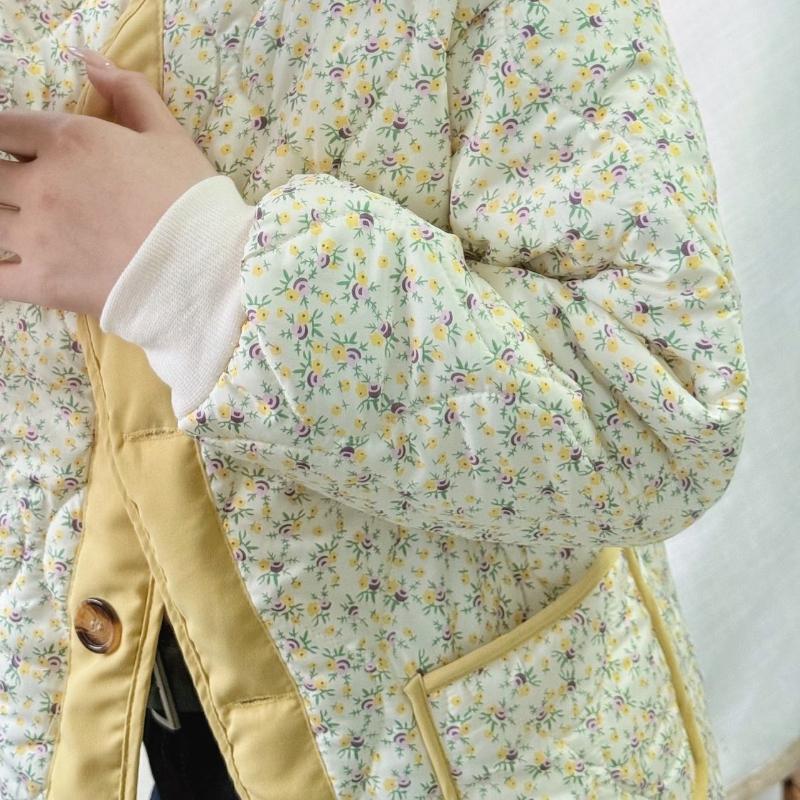 Women's Winter Lightweight Cotton Padded Jacket Light Yellow Korean Style Quilted Outerwear Northeast Floral Cotton Padded Coat