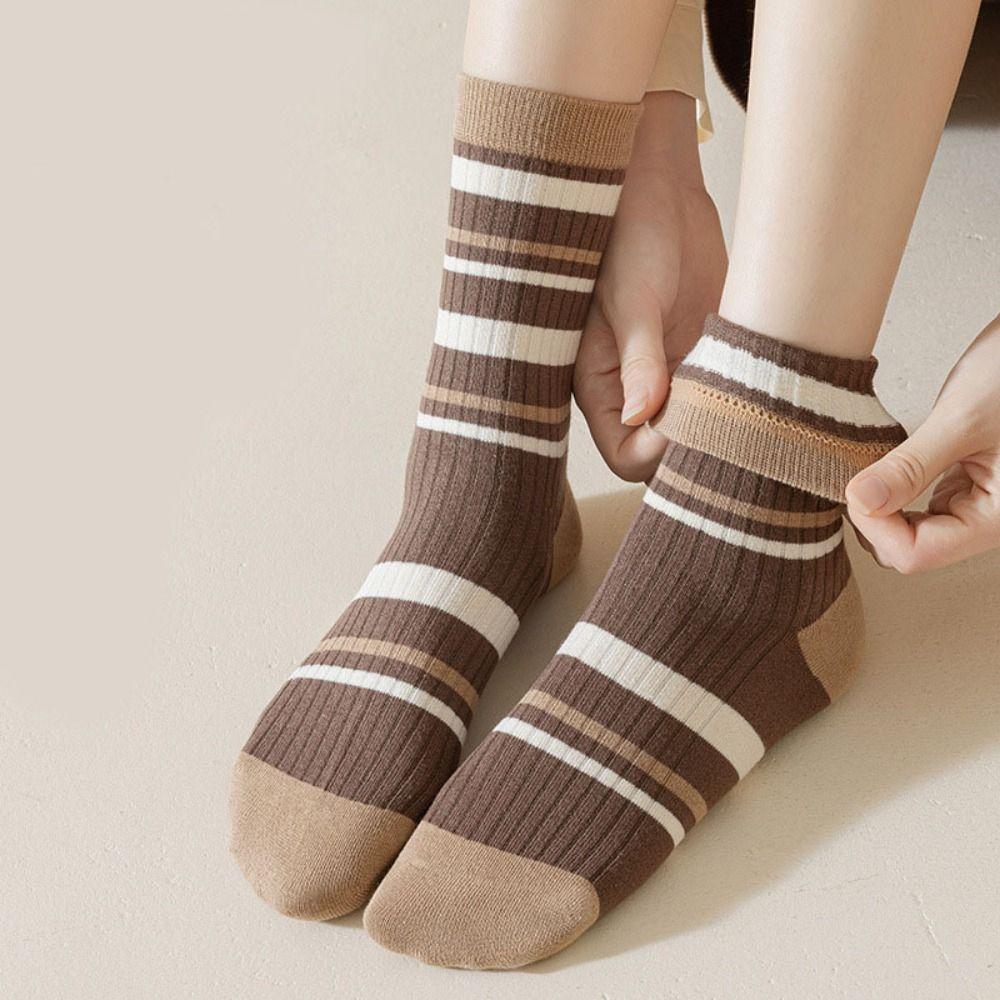 5Pairs Comfortable Retro Women's Cotton Socks Soft Breathable Stripe Tube Socks Thin Hosiery Mid-calf Socks Unisex