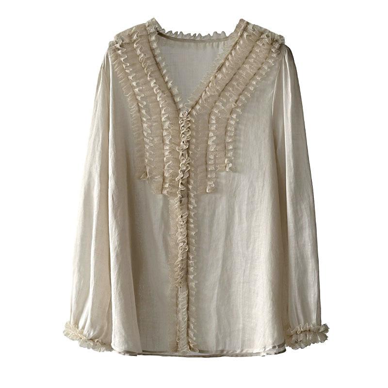 Tachibana Korean literary and artistic versatile fungus edge collar thin top age-reducing ramie shirt women's 17171 ramie new