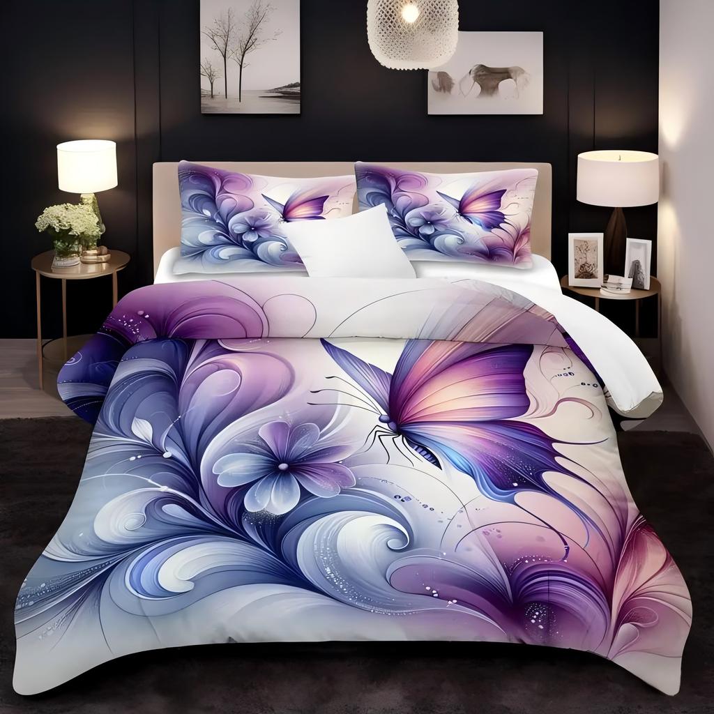 Dreamy Blue Purple Butterfly Flower 3D Print Bedding Set For Kids Teens Adults Style Duvet Cover Soft Home Polyester Quilt Cover