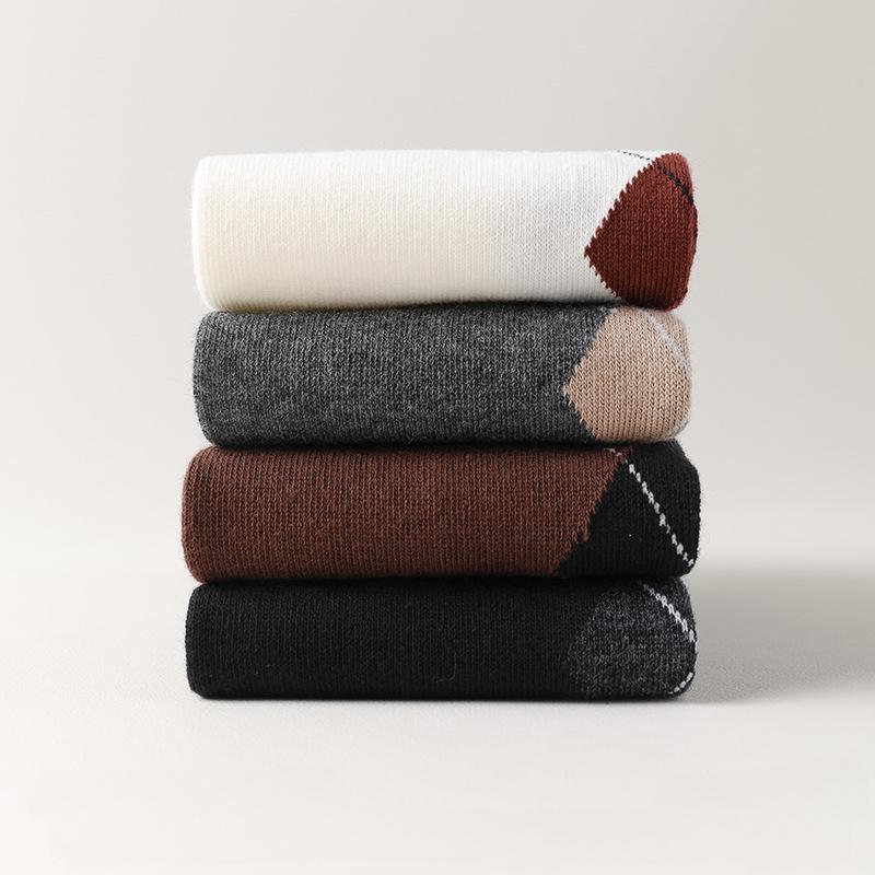 Осень/Зима Ромбовидные высокие носки Жаккардовые чулки Хлопковые носки Носки College Wind для девочек Ворсовые носки Серые носки JK Retro из телячьей шерсти