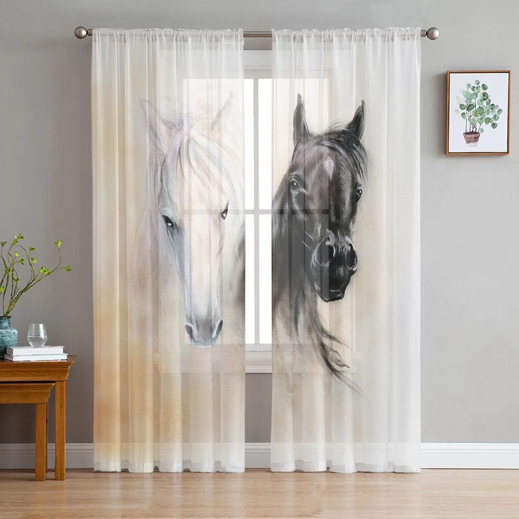 Running Horse Animal Sheer Curtains Living Room Window Tulle Curtains For Bedroom Kitchen Home Decoration Voile Drapes