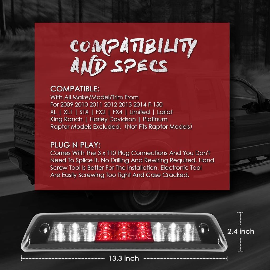 3rd Third Tail Rear Brake Light Replacement For 2009 2010 2011 2012 2013 2014 Ford F-150 Lincoln Mark LT, High Mount Cargo Lamp Waterproof Dual Row