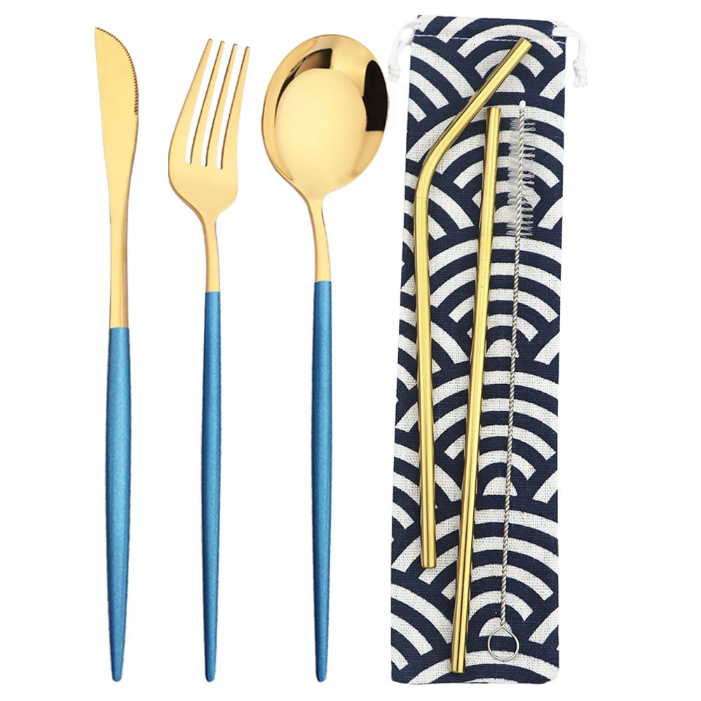 6 шт., набор столовых приборов для кемпинга, дорожный набор столовых приборов, нож, вилка, ложка, соломинка с портативной сумкой, набор посуды из нержавеющей стали