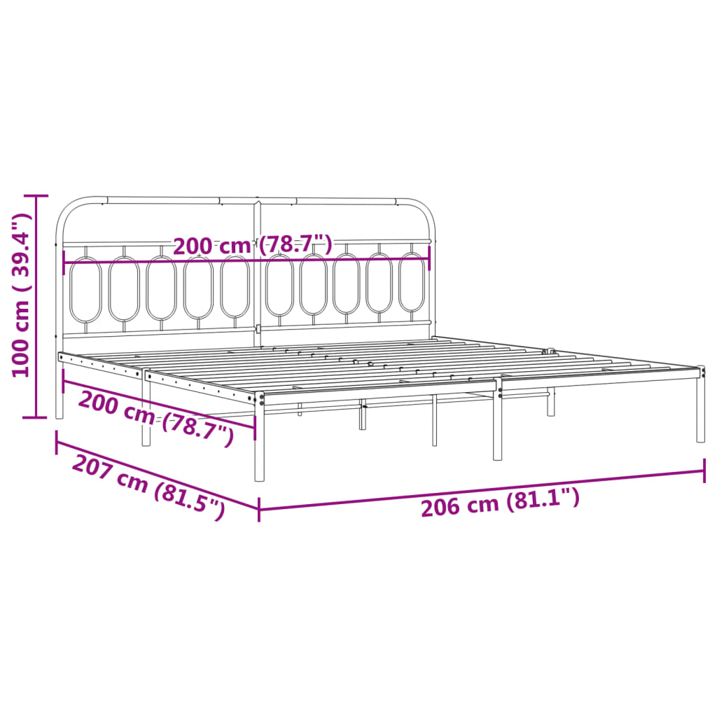 Metal Bed Frame with Headboard Black 200 x 200 cm