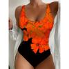 Floral Print Scoop Neck Orange & Black One-piece Swimsuit, Backless High Stretch Stylish Bathing Suits, Women's Swimwear & Clothing