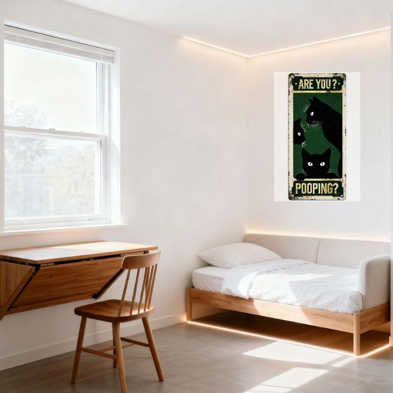Vintage Rectangular Metal Tin Sign, Green Background Black Cat Silhouettes, Yellow Text 'ARE YOU? POOPING?' Rustic Rusted Look f