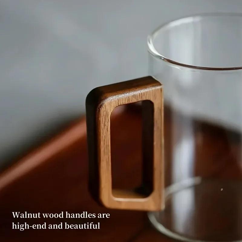 Heat Resistant 100ml Glass Mug with Walnut Handle for Coffee Tea Hot and Cold Drinks Suitable for Home Office Breaks 1/2pcs