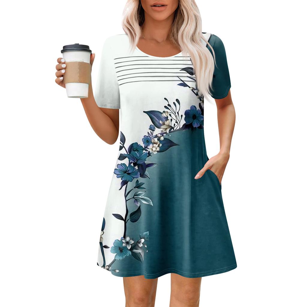 Женские летние повседневные платья с круглым вырезом, плиссированные, с карманами, с принтом, с коротким рукавом