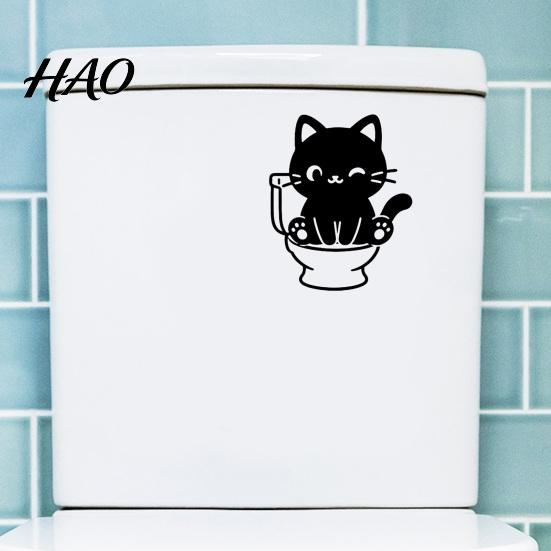 Забавная настенная art для ванной, Черный кот, Наклейка на унитаз, Милый мультяшный стикер, Декоративные наклейки на плитку, Водонепроницаемая съемная наклейка на бачок из ПВХ для туалета