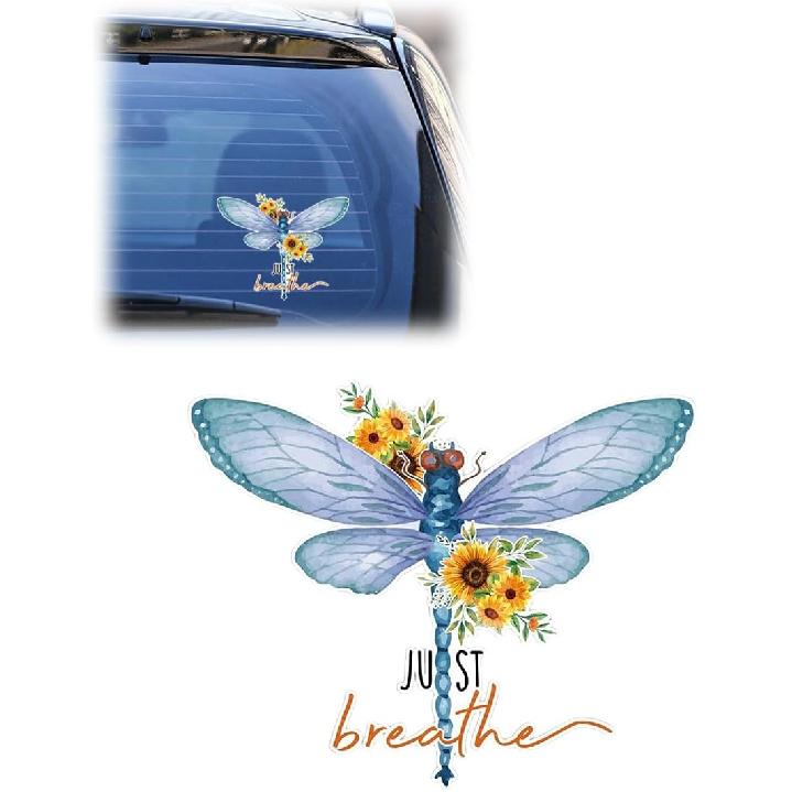 Just Breathe Dragonfly Car Sticker Decal, Vinyl Waterproof Automotive Window Sticker, Vintage Sun Flower Vehicle Bumper Decal, Positivity Auto