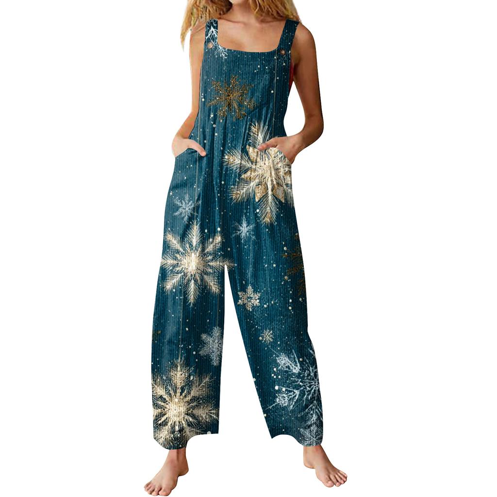 Womens Casual Overalls Jumpsuits Adjustable Straps Sleeveless Print Comfy Rompers With Pocket
