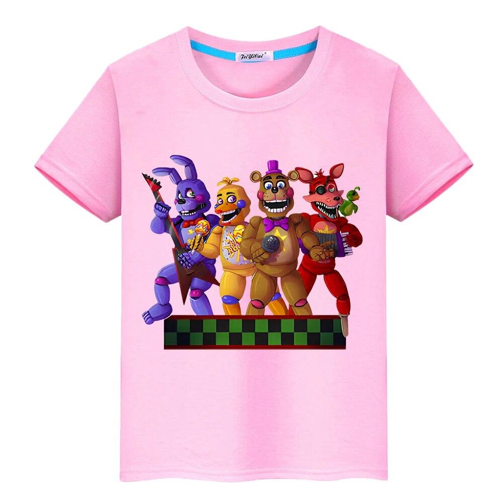 FNAF/летняя кавайная футболка из 100% хлопка, повседневные футболки с аниме для мальчиков y2k, цельные короткие топы с принтом медведя и кролика, детская одежда для девочек