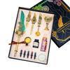 Quill Pen Ink Set, Calligraphy Feather Fountain Pen, Vintage Signature Pen with Replaceable Nibs/Ink Cartridges, Pen Holder, Seal, Bookmark
