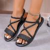 Large Size Flat Open-toed Sandals Women's Fashion Woven Belt Lightweight Beach Sandals Sandals