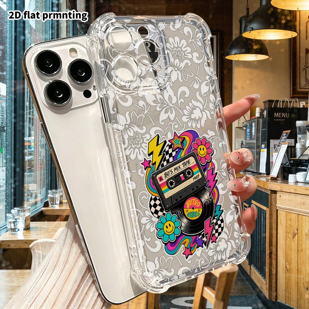 Phone Case: 2D flat suitable for iPhone 18 17 16 15 14 13 Pro, transparent four corner protective case, vintage cassette, Christmas and Halloween gift