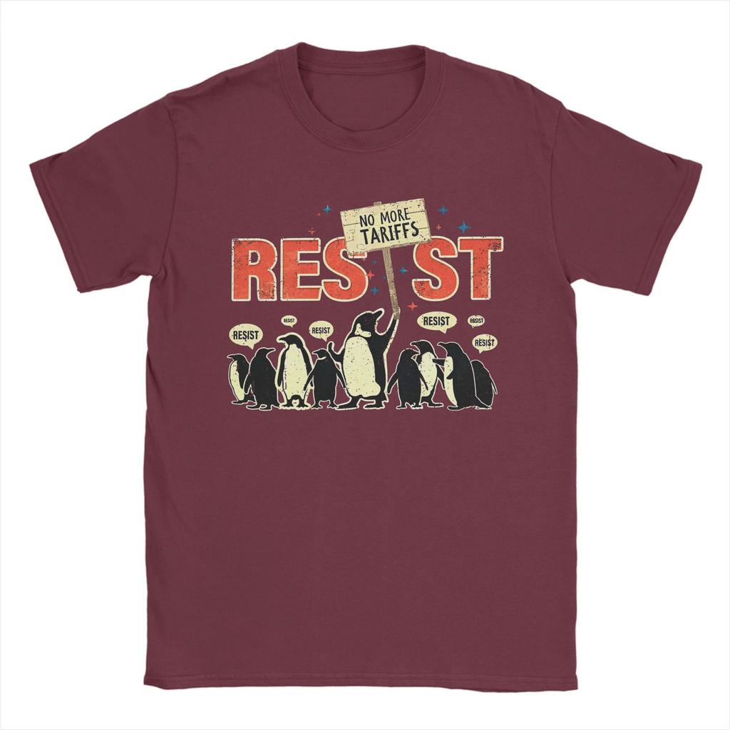 Повседневные футболки Resist Penguin No More Tariffs для мужчин с круглым вырезом из хлопка, забавная футболка с коротким рукавом, оригинальные топы