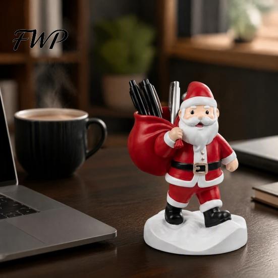 Holiday Scene Decor Santa Claus Statue Pen Holder, Mini Potted Plant Desk Organizer Christmas Gift for Family Christmas, Festive Tabletop Decor, Home