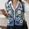 Womens Crochet Knit Contrast Color Geometric Floral Sleeveless Vest Waistcoat V-Neck Button Down Loose Cropped for Jacke