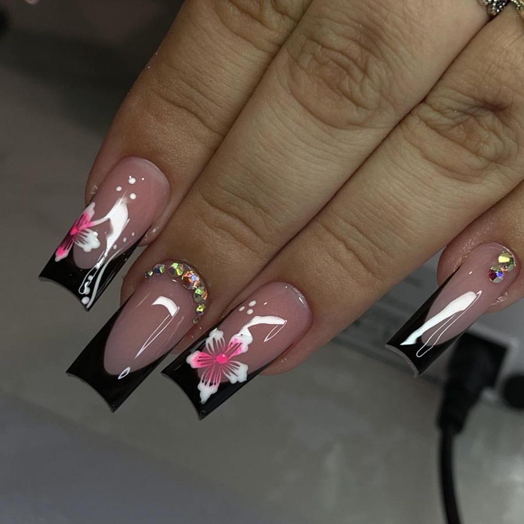 Черные французские стразы Съемные средние прямоугольные накладные ногти